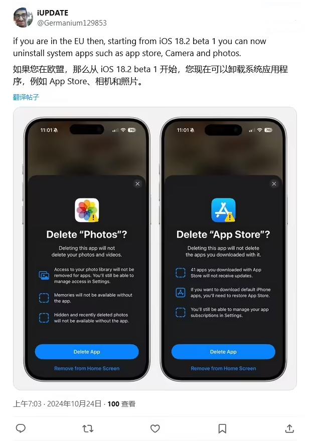 新北苹果手机维修分享iOS 18.2 支持删除 App Store 应用商店 